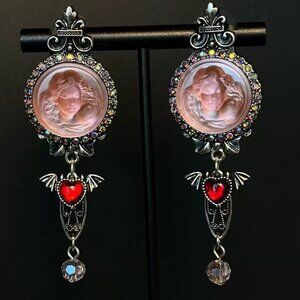 Kirks Folly AB Stone Dream Angel Red Heart LOVE Wings Dangle Earrings
